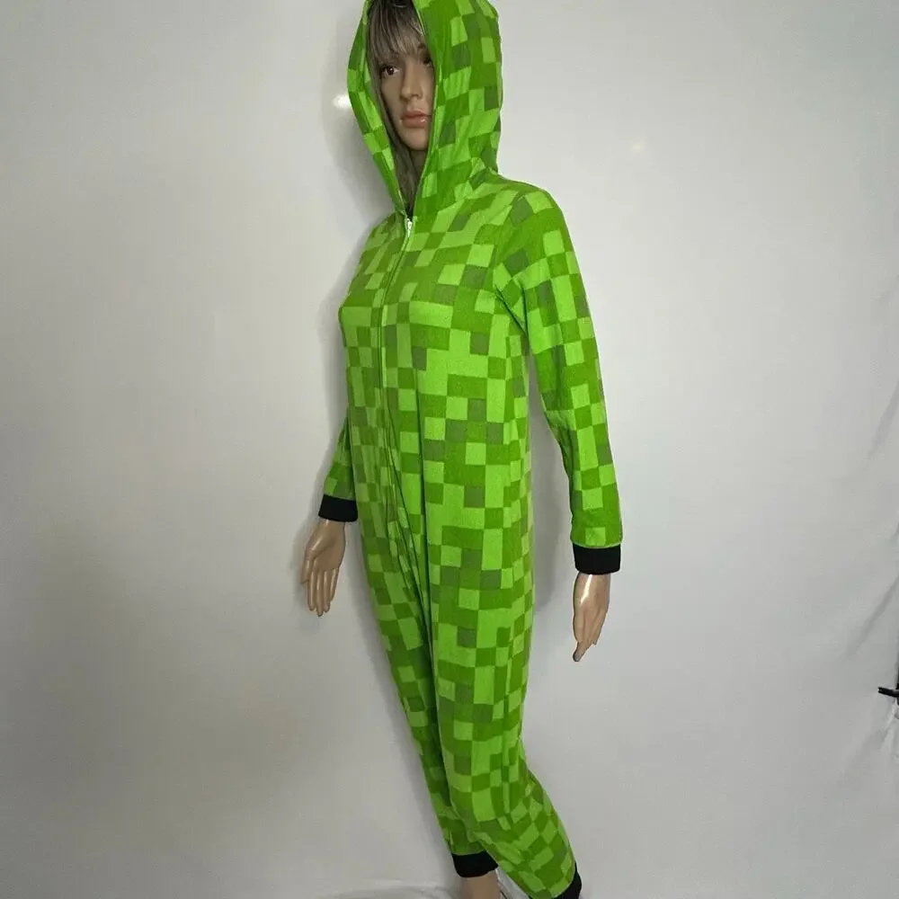 Minecraft Boys 10/12 Green Pixel Fleece Hooded One Piece Pajama Costume